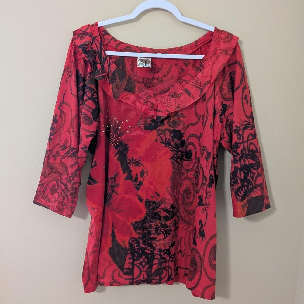 Vintage 2000s Grunge Fairycore Red/Black Abstract Print Tunic Top Mallgoth Retro